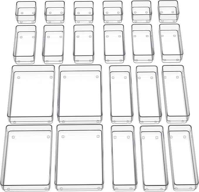 SMARTAKE 22-Piece Drawer Organizer with Non-Slip Silicone Pads, 4-Size Clear Desk Drawer Organizer Trays Storage Tray for Makeup, Jewelries, Utensils in Bedroom Dresser, Office and Kitchen, Clear by SMARTAKE