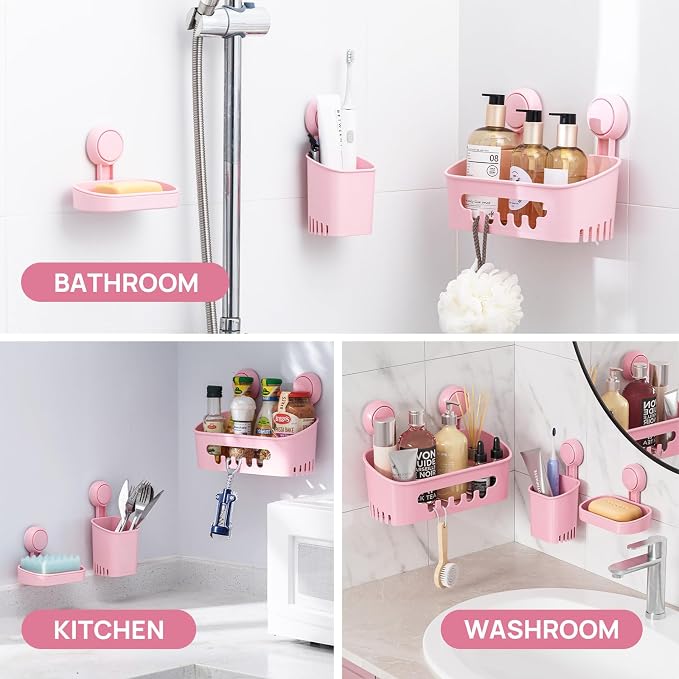 LEVERLOC Shower Caddy Suction Cup Set Shower Organizer & Soap Holder & Toothbrush Holder, Bathroom Shelf Basket NO-Drilling, Removable Suction Storage Waterproof Bathroom Caddy, Pink - Image 8