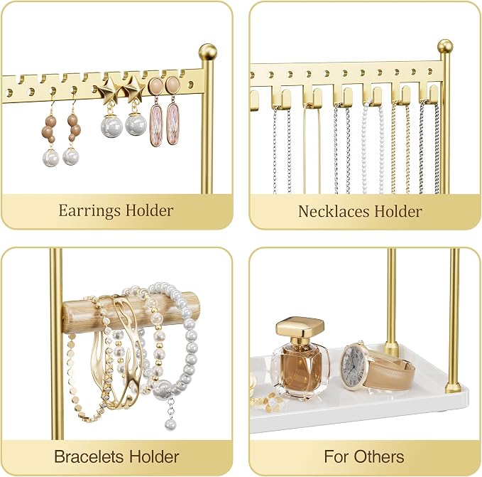 3 Tier Gold Jewelry Stand, Necklace Organizer, Earring Holder with 44 Holes and 9 Hooks, for Necklaces, Bracelets, Rings - Image 3
