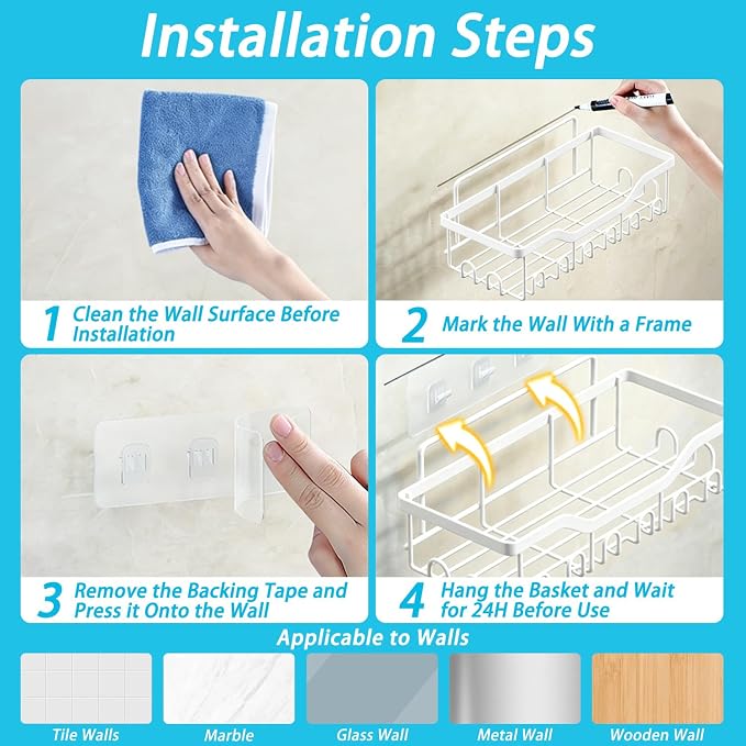 Fammart Adhesive Shower Caddy, 5-Pack Rustproof Stainless Steel Bathroom Organizer with 28 Hooks, No-Drill Large Capacity Shower Shelves for Bathroom Storage & Home Décor, White - Image 9