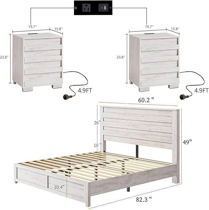 LUXOAK 3 Pcs Bedroom Furniture Sets, Farmhouse Queen Size Bed Frame with 49" Tall Headboard and Nightstand Sets of 2 with Charging Station, Slated Handles & Stainless Steel Feet, Distressed White