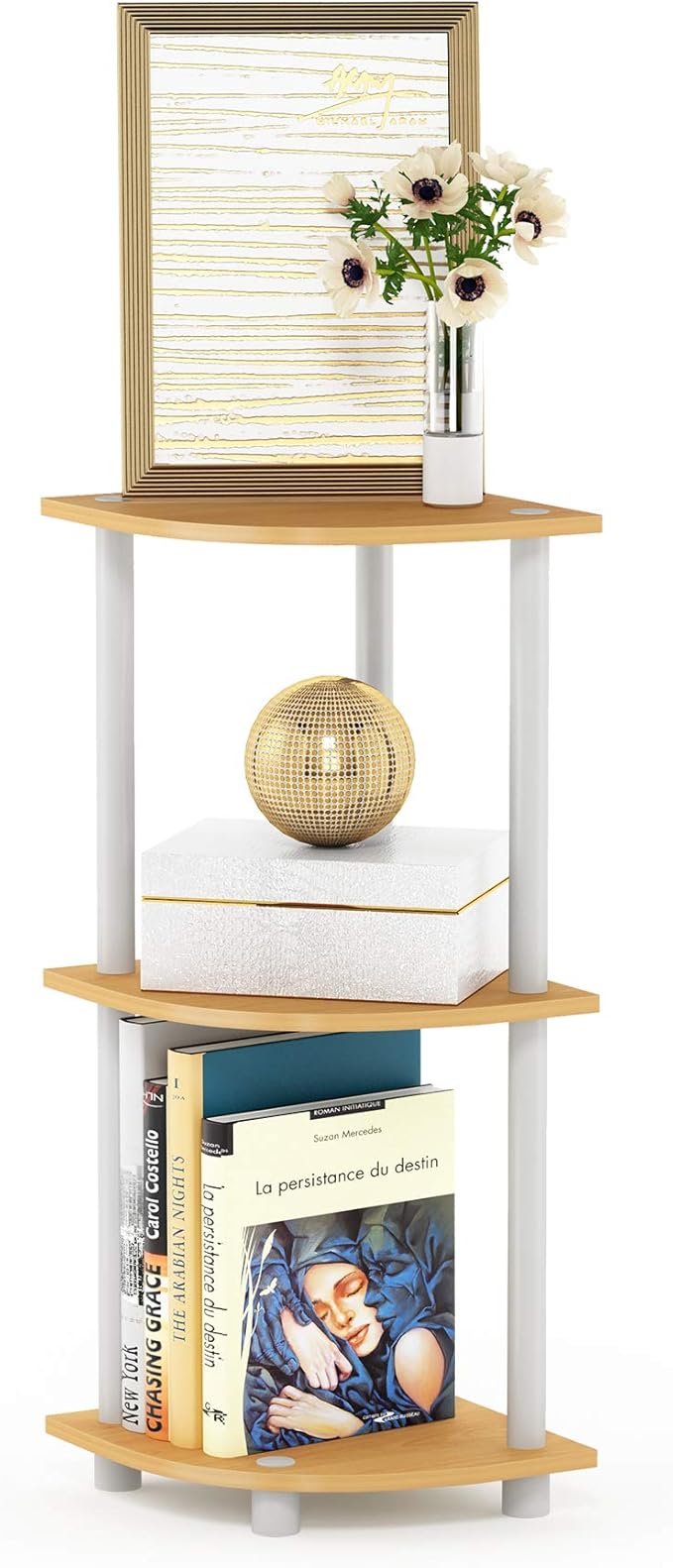 Furinno TURN-N-TUBE Corner Shelf, 3-Tier Corner Bookshelf, Display Storage Shelves with Open Shelves, for Organization and Storage, Living Room, Home Office, Garage, Beech by Furinno-FitsYourSpaceFitsYourBudget