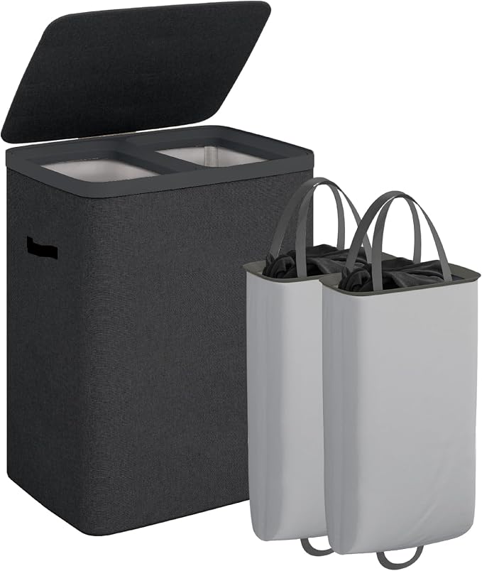 CASAMAYA Laundry Basket with Lid, Laundry Hamper 2 Section, 170L collapsible Laundry Organizer, Easy Assembly, with Handles and Removable Liners, 22 x 15.7 x 29.5 Inches, Black JSP903B by Unknown