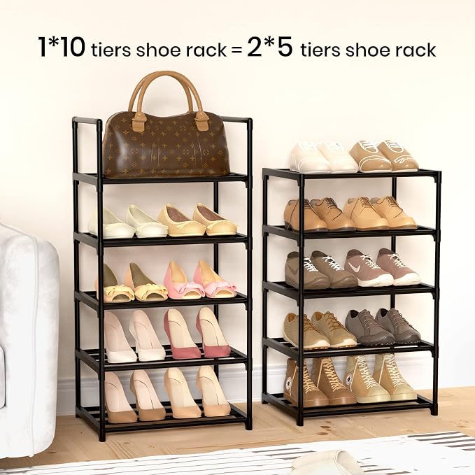 Narrow Shoe Rack 10 Tiers Tall Shoe Rack for Entryway Closet 20 24 Pairs Shoe & Boots Organizer Storage Shelf Durable Black Metal Stackable Shoe Cabinet with Hooks, 17.1D x 11.8W x 78.7H in - Image 4