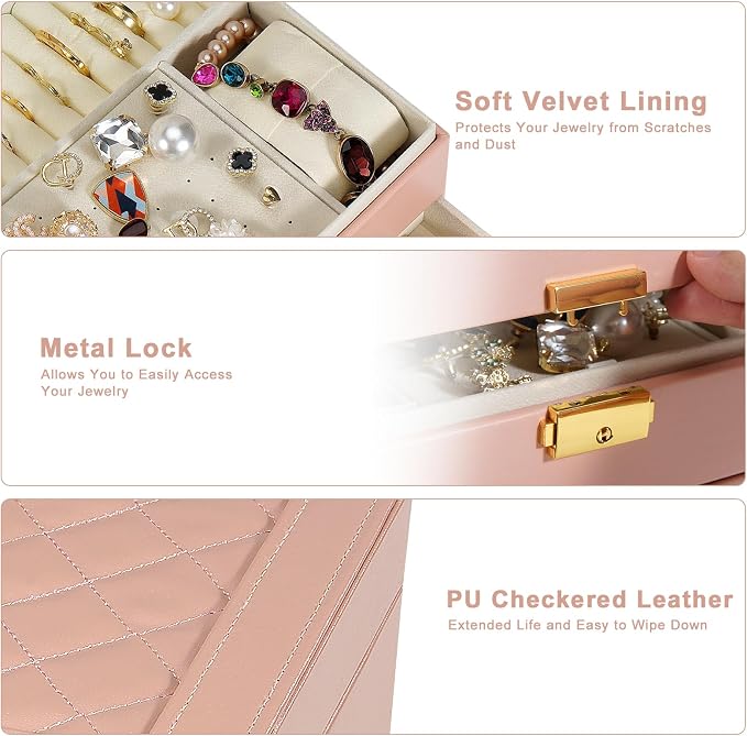 2-Layer Jewelry Box for women, jewelry organizers and storage with Removable Jewelry Tray, vintage quilted top Lockable Jewelry Holder Gift Idea Pink - Image 3