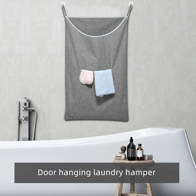 SAVERHO X-Large Hanging Laundry Hamper Bag, Door Hanging Hamper with Front Pocket Dirty Clothes Hanging Laundry Bag Large Size 35X22 inch Door Laundry Basket (Grey) - Image 7