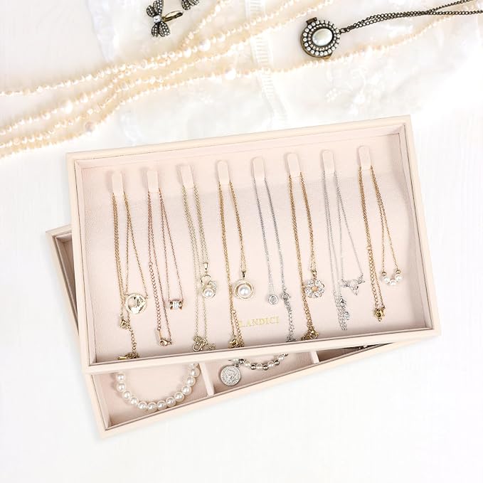 LANDICI Stackable Jewelry Organizer Trays 4 Set,PU Leather Jewelry Organizer Drawer,Jewelry Storage Display Tray for Earring Necklace Rings Bracelet with Removable Dividers,Apricot - Image 7