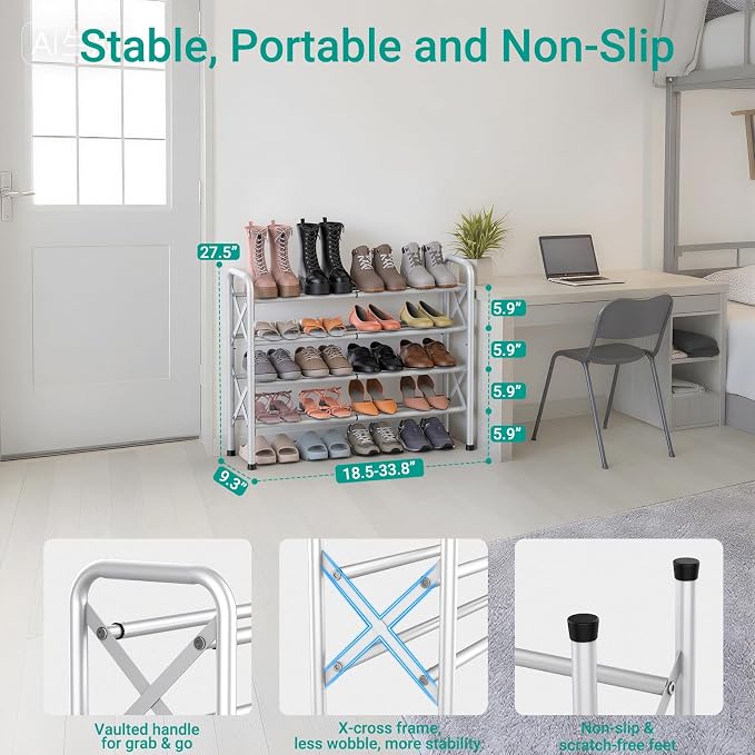 YEASHEIN 4-Tier Expandable Shoe Rack for Closet Floor, X-Frame Metal Small Shoe Rack for Entryway, Adjustable Shoe Shelf Organizer, Free Standing Shoe Racks for Front Door Entrance, Garage - White - Image 2