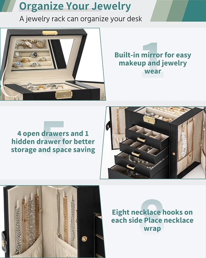 AKOZLIN 5-Tier Jewelry Box Leather Jewelry Storage Organizer with 4 Drawers Lockable for Women Girls Ring Necklace Earring Bracelet Watches Holder with Mirror Black - Image 5