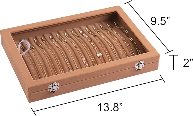 Frebeauty 15 Hooks Necklace Tray Velvet Neckalce Organizer with Clear Lid Lockable Necklace Holder Box Jewelry Organizer for Pendants Chains Necklace Jeweley Tray for Women Girl (Camel) - Image 3