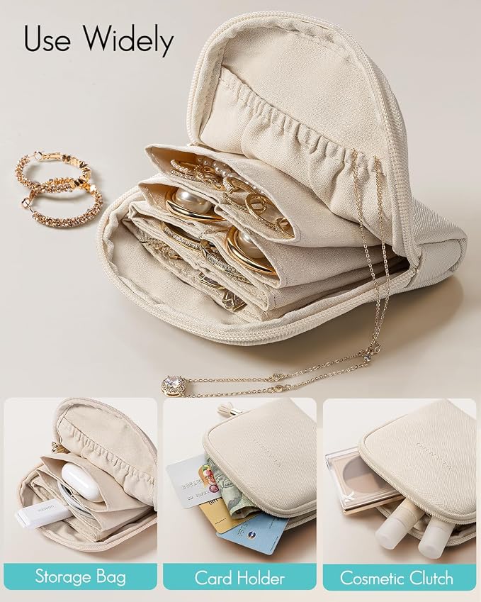 VLANDO Small Jewelry Travel Case,Jewelry Pouch Bags with Zipper,Velvet Jewelry Organizer Storage Bag for Bracelet Rings Earring Travel Essentials Gifts for Women Girl-Beige - Image 5