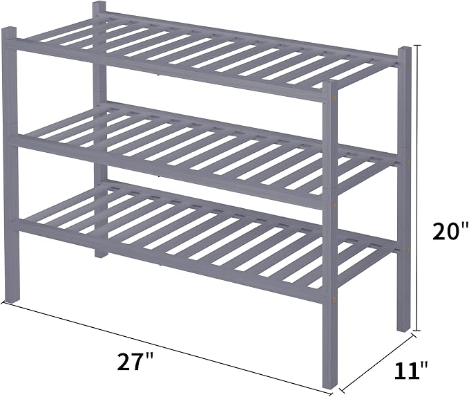 ROMGUAR CRAFT 3 Tier Bamboo Shoe Rack for Closet Free Standing Wood Shoe Shelf Storage Organizer for Entryway Small Space Stackable 27"x11"x20" (Grey) - Image 3