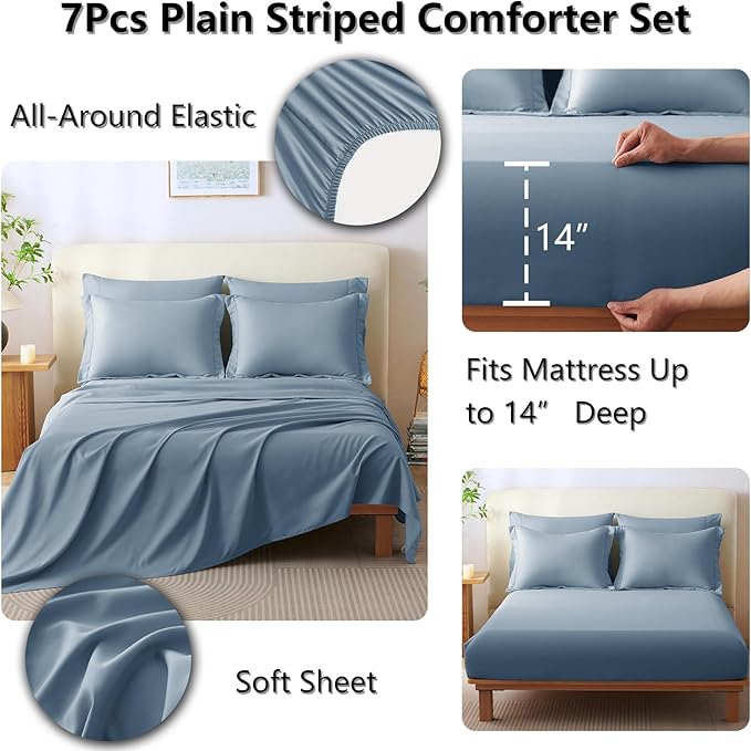 CozyLux Queen Comforter Set - 7 Pieces Bed in a Bag Grayish Blue Comforter Set with Sheets Luxury Bed Set All Seasons, Soft Bedding Set with Down Alternative Comforter, Sheets, Pillowcases & Shams