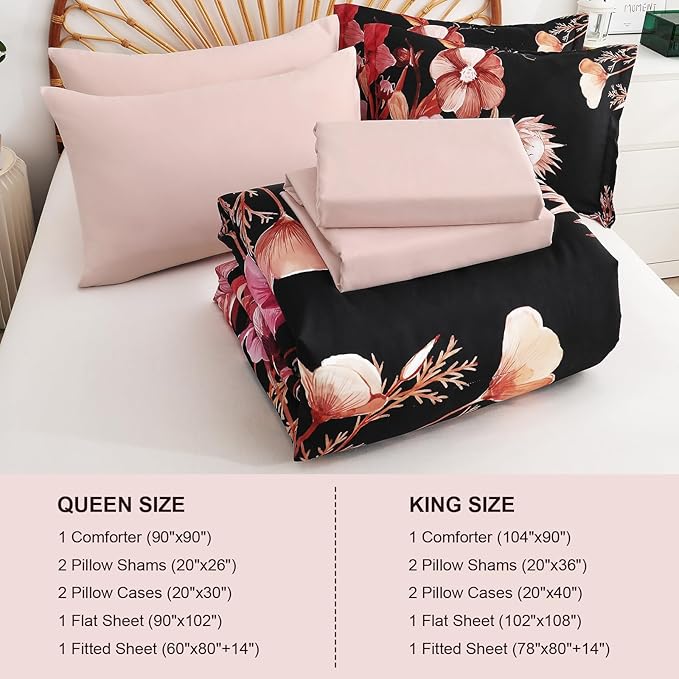 Luxudecor Floral Comforter Set Queen Size 7 Piece, Red Flower Bed in a Bag, Elegant Comforter Bedding Set for All Season (Red, 90"x90")