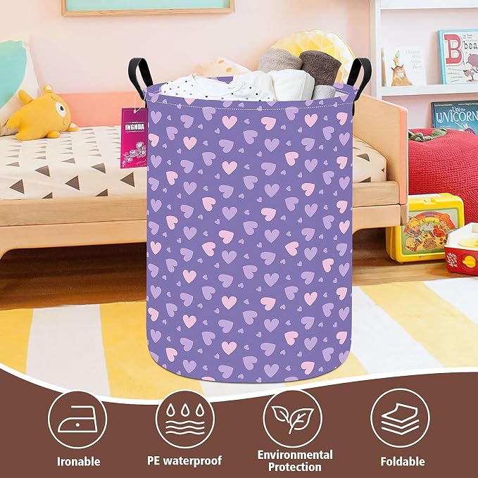 Laundry Hamper Large Canvas Fabric Lightweight Storage Basket/Toy Organizer/Dirty Clothes Collapsible Waterproof for College Dorms, Boys and Girls Bedroom,Bathroom(Purple hearts) - Image 8