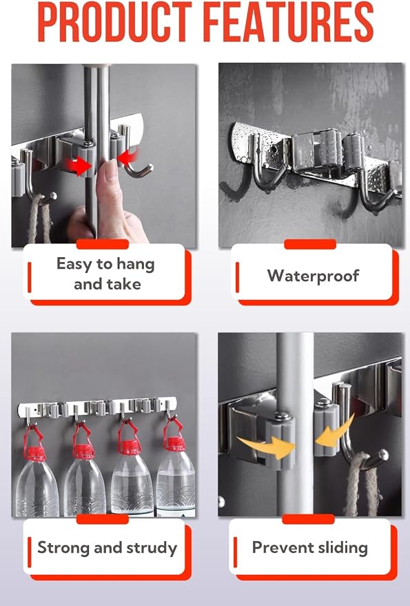 Mop and Broom Holder Wall Mount, Upgraded Broom Hanger Wall Mount, Stainless Steel Broom Organizer for Closet Garage Laundry Room Kitchen Wall Decor(5Racks 4Hooks Silver) - Image 2