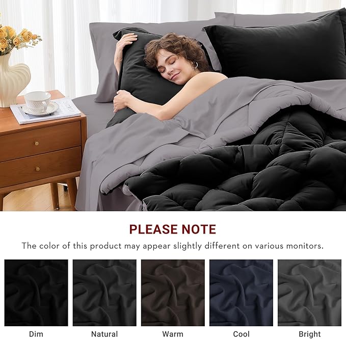 MUXHOMO 7 Pieces Oversized Queen Comforter Set, Reversible Bed in a Bag Oversized Queen Size, All Season Bedding Set with Comforter, Flat Sheet, Fitted Sheet, Pillowcases & Shams, Black & Soot
