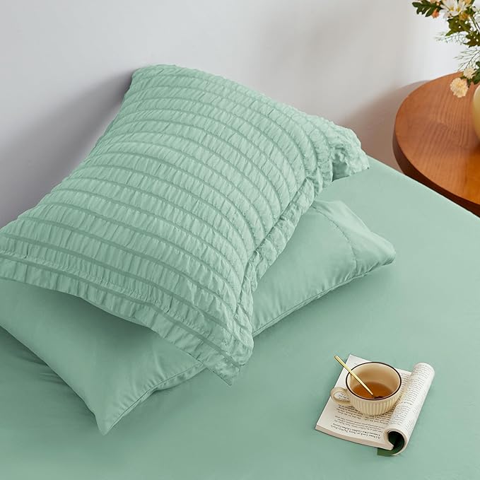 Love's cabin Seersucker Light Green Twin XL Comforter Set, 5-Piece All Season Lightweight Bed in a Bag Bedding Set with Comforter, Flat Sheet, Fitted Sheet, Pillowcase and Sham | Soft, Breathable, Lightweight