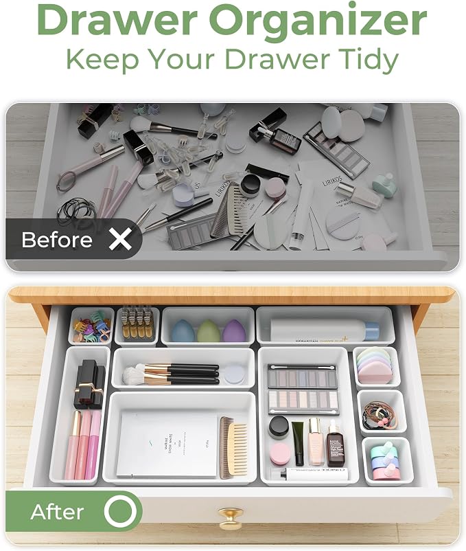 BiuLeon 25 PCS Plastic Drawer Organizers Set, 4-Sizes Vanity and Makeup Organizer, Desk and bathroom Drawer Organizer Trays, Organizers and Storage for Makeup, Jewelry, Gadgets, Utensils (White) - Image 4