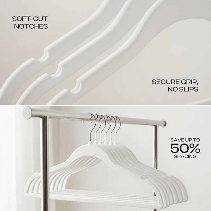 Utopia Home Velvet Hangers 50 Pack – Luxury Non-Slip Slim Pant & Coat Hangers, Strong Space-Saving Clothes Hangers with Pants Bar and 360° Swivel Hook – White - Image 8