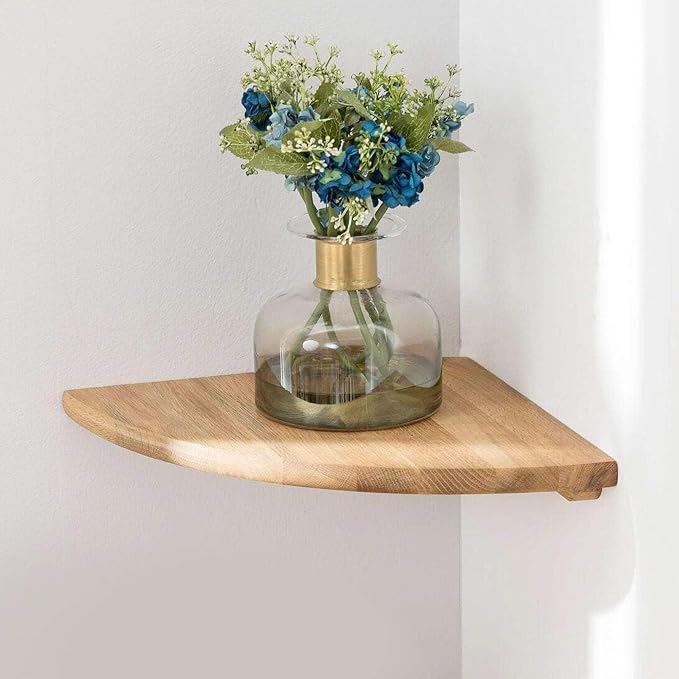 Corner Shelf, 7inch Solid Oak Wood Floating Corner Shelf Wall Mount Round End Floating Speaker Shelves with Wire Hole for Small Plant Photo Frame for Bedroom Kitchen, Living Room | Wire Hole, Small Plant, Photo Frame, Bedroom, Kitchen, Living Room by Coamily