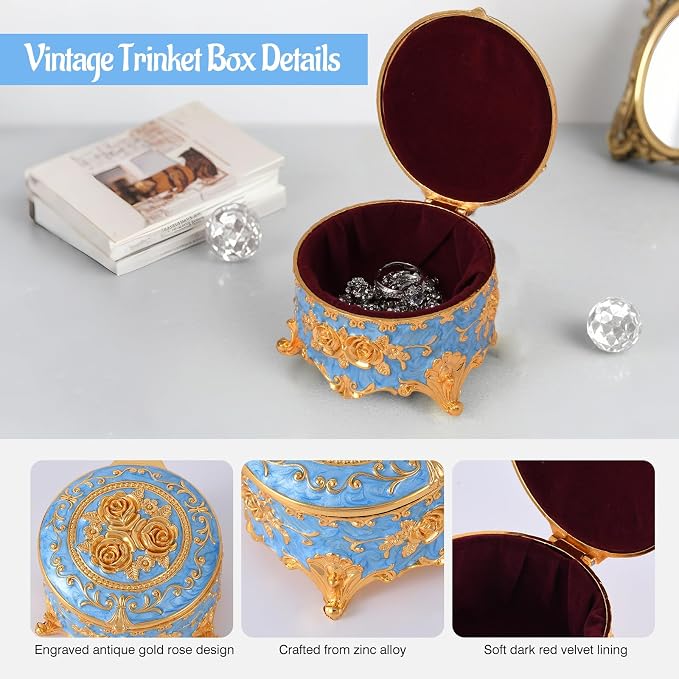 Vintage Jewelry Box, Gold Round Treasure Ring Box, Metal Trinket Organizer Keepsake Box Gift for Girl Women, Light Blue - Image 5