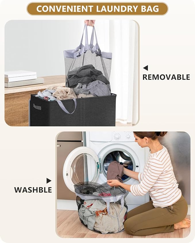 SOLEDI Double Laundry Hamper with Lid, 130L Clothes Hamper 2 Section, Laundry Basket with Removable bag, Bed room decor aesthetic, laundry room organization, Home and dorm room essentials - Image 5
