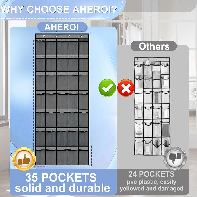 Aheroi Over the Door Shoe Organizer, 35 Pockets Mesh Shoe Organizer Door Hanger, Large Hanging Shoe Rack Holds Up to 40 lbs, Closet Shoe Behind Door Rack, Gray Durable Storage Hanging Bag - Image 4