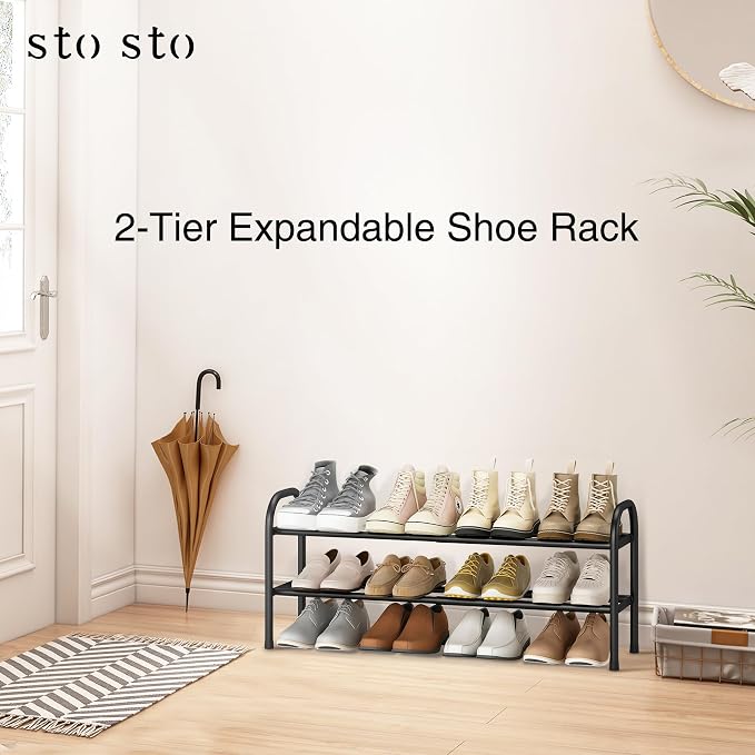 STO STO Expandable Shoe Rack, 2-Tier Metal Small Shoe Rack for Closet, Up to 12 Pairs Adjustable Shoe Rack Storage for Front Door Entrance, Free Standing Shoe Rack Organizer for Entryway, Black - Image 6