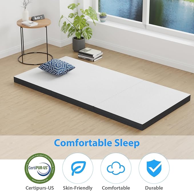PayLessHere 3 inch Memory Foam Tri Folding Mattress/Portable Foldable Mattress Topper with Washable Cover Non-Slip Bottom for Camping, Guest, Floor RV, CertiPUR-US Certified,Twin