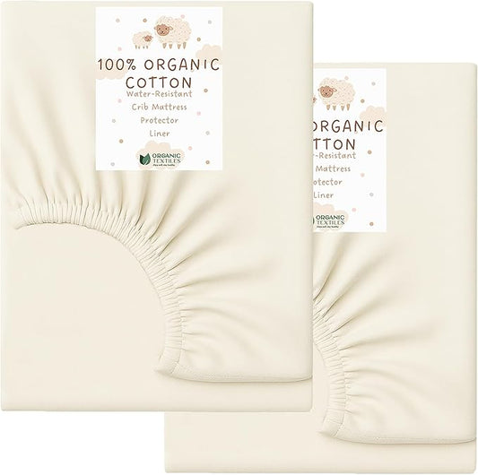ORGANIC TEXTILES Water-Resistant Fitted Sheet Baby Mattress Liner Pad Protector - 100% Organic, GOTS Certified - Portable (36"x26") - Pack of 2