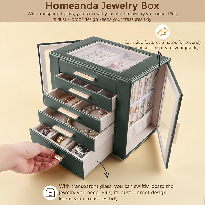 Homeanda Jewelry Box for Women with Glass Lid, 5 Drawers Jewelry Organizer and Storage for Necklaces, Rings, Earrings, Bracelets, Gift for Girls and Teens,PU Leather (Green) - Image 6