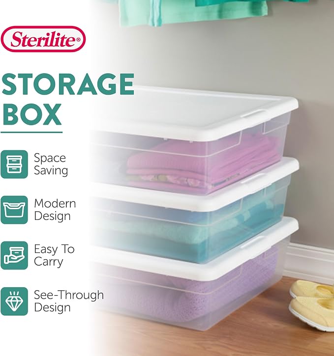 Sterilite 40 Pack Storage Box, 28 Quart Stackable Tote, Clear Plastic Container with Secure Snapping Lids for Home and Office Organization, White - Image 3