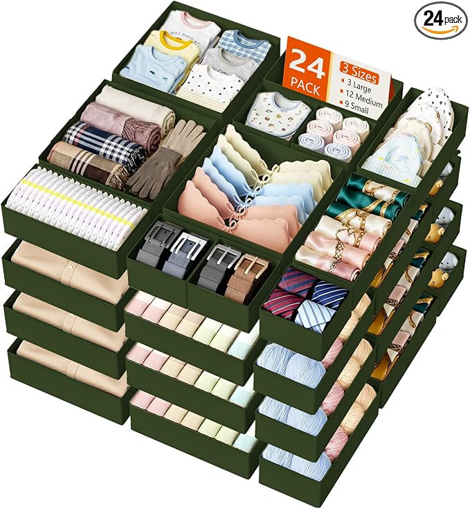 DIMJ Drawer Organizer Clothes - 24 Pack Closet Drawer Organizer Bins for Baby Clothes Storage, Fabric Dresser Organizer for Nursery Bedroom, Foldable Small Drawer Dividers for Underwear Socks by DiMJ