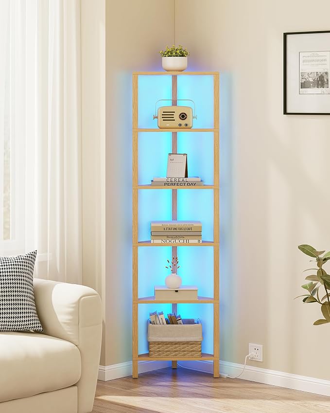 TUTOTAK Corner Shelf with LED Light, 6-Tier Corner Bookshelf for Small Space, Narrow Display Corner Shelf Stand with Storage Rack, for Living Room, Bedroom, Natural BS05BN006L - Image 5