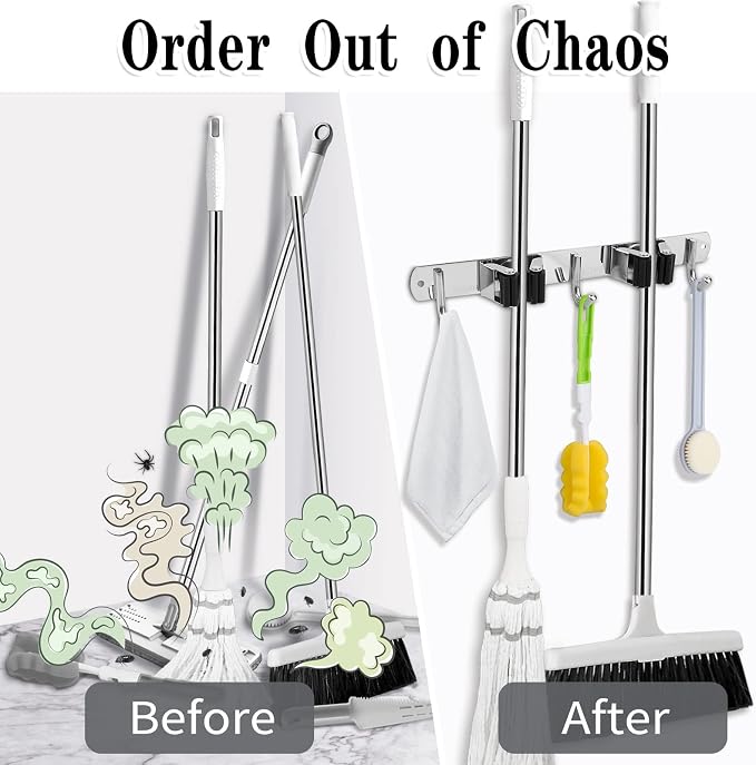 2 Racks and 3 Hooks Broom and Mop Holder Wall Mounted Garage Organizer Storage Tool Racks Stainless Steel Heavy Duty Hooks Self Adhesive Solid Non-slip Wall Hangers for Home Kitchen Garden Laundry - Image 5