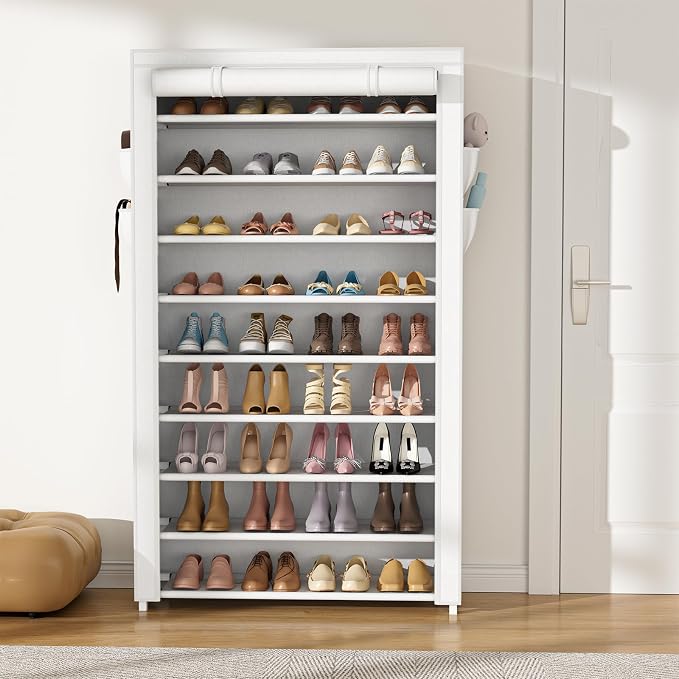 VILICK Shoe Rack with Cover Narrow Shoe Organizer with Pockets 10 Tier Tall Shoe Storage Holds 36-41 Pairs Shoes and Boots Shoe Rack for Closet Entryway Garage, White - Image 2