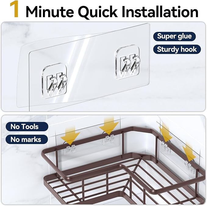 YASONIC Shower Caddy Corner, 3-Pack Adhesive Rustproof Stainless Steel Shower Shelves with Soap Holder, No Drilling Shower Organizer Corner for Dorm, Renters Bathroom, Bronze - Image 6