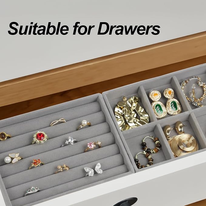 Fordonral Velvet Jewelry Organizer Box, Jewelry Drawer Organizers Trays, Earring Ring Necklace Holder Display Case (Gray, Ring+6 Grid Trays) - Image 4