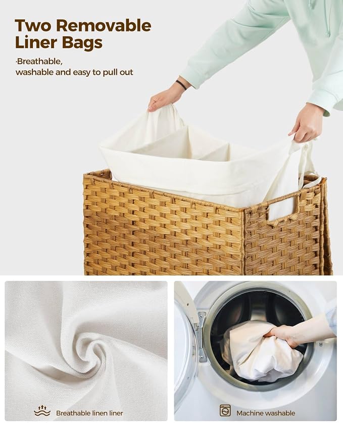 Greenstell Laundry Hamper with Wheels&Lid, 130L Large 3 Sections Clothes Hamper with 2 Types Removable Liner Bags, 5 Mesh Laundry Bags, Handwoven Divided Laundry Basket for Clothes, Natural - Image 4