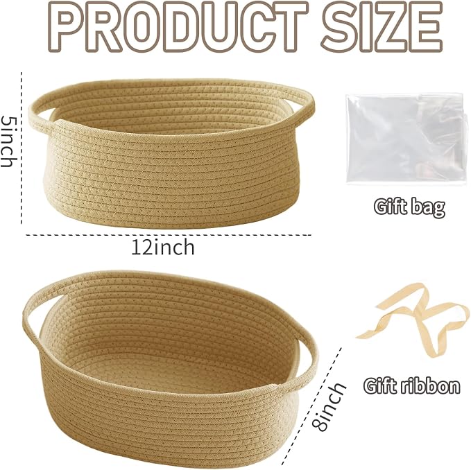 JMvicyroam Woven Basket,Small Rope Storage Bin with Handles & Ribbon Bag, Organizer for Shelves Closets,Gift Basket Empty for Birthday,Books,Dog Toys, Jute - Image 2