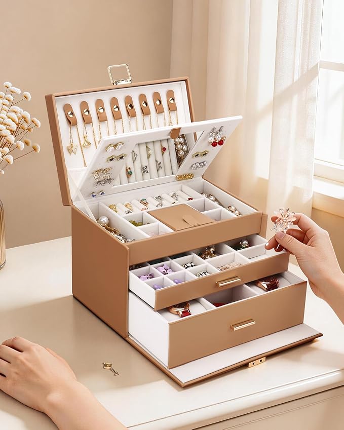 DesignSter Jewelry Box for Women Girl, 3-layer Lockable Jewelry Organizer with Mirror, Large Leather Jewelry Case for Earring Necklace Ring Bracelet Watch - Image 7