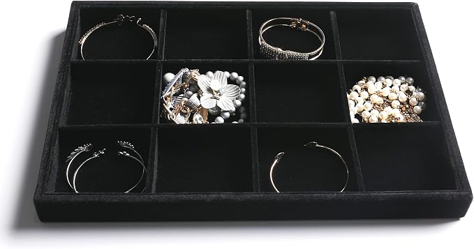 Frebeauty Stackable Velvet Jewelry Organizer Trays for Drawers Inserts Jewelry Storage Tray Display Case, Stud Earrings Bracelets Necklace Rings Accessories Trays for Women (Set of 2 Black) - Image 4