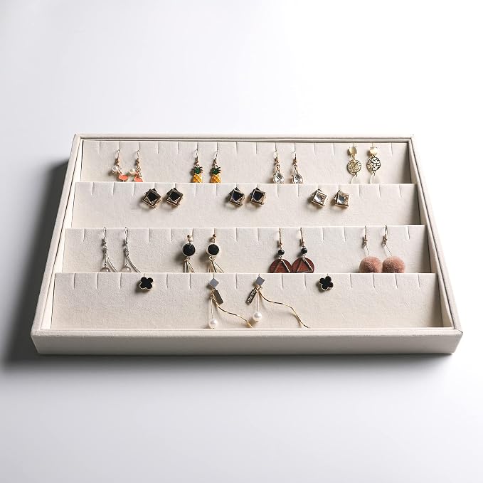 Frebeauty Stackable Velvet Jewelry Organizer Trays for Drawers Inserts Jewelry Storage Tray Display Case Earrings Bracelets Necklace Rings Accessories Trays for Women Girls(Set of 4)（Beige - Image 6