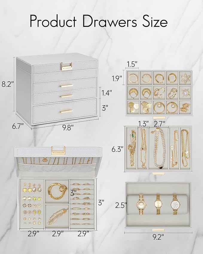VLANDO 4 Layer Large Jewelry Box - Jewelry Holder Organizer, Jewelry Box Organizer for Drawer Necklace Ring Bracelet and Watch, Birthday Gift for Loved Ones - White - Image 5