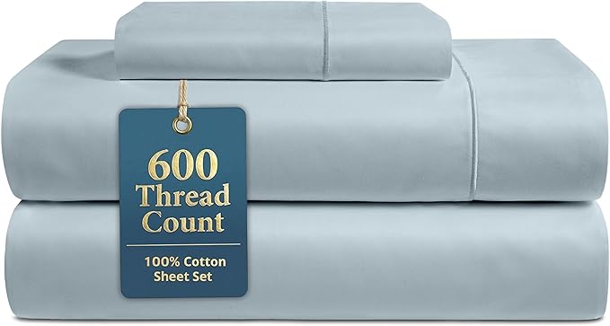 LANE LINEN 100% Cotton Sheets Twin Size - 600 Thread Count Premium Sateen Weave for Gentle Feel On Skin - Extra Soft Hotel Quality Sheets for Dorm Rooms - Oeko Tex Certified - French Blue