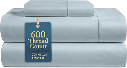 LANE LINEN 100% Cotton Sheets Twin Size - 600 Thread Count Premium Sateen Weave for Gentle Feel On Skin - Extra Soft Hotel Quality Sheets for Dorm Rooms - Oeko Tex Certified - French Blue