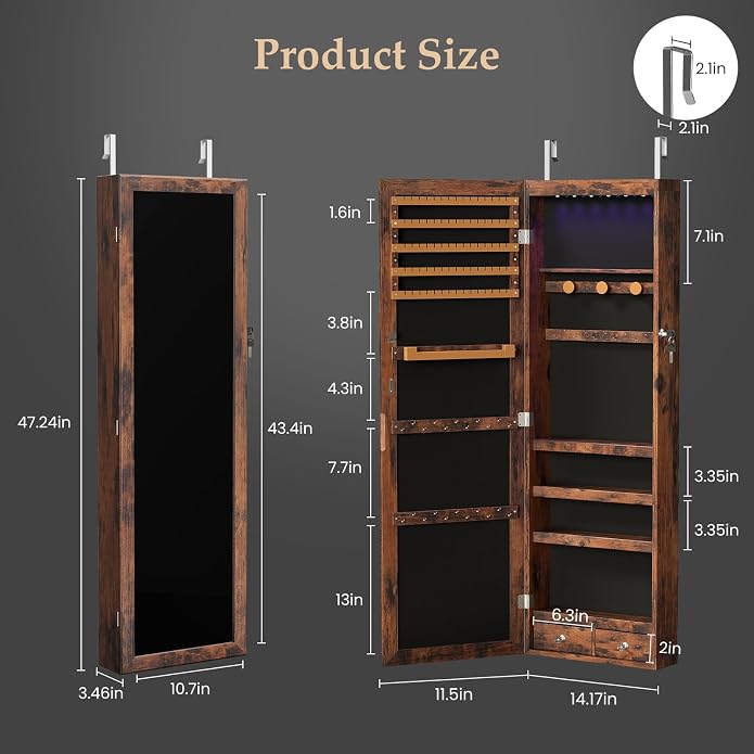 DUMOS 6 LEDs Mirror Jewelry Cabinet, Wall or Door Mounted Jewelry Organizer, 47.2-Inch Tall Lockable Large Capacity Cosmetic Storage, Gift Idea - Image 2