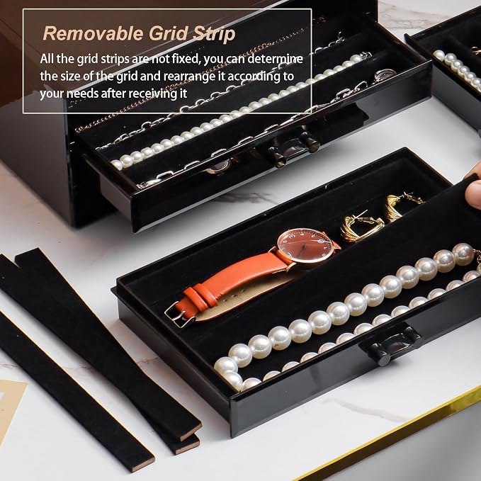 YUFONG Necklace Holder Organizer, Dustproof Necklace Box Velvet Necklace Organizer Box with Lid Clear Acrylic Dustproof Stackable Jewelry Displays for Necklaces Chain Display (Black Black, 5 Drawer) - Image 2