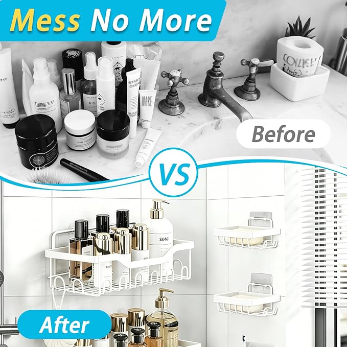 Fammart Adhesive Shower Caddy, 5-Pack Rustproof Stainless Steel Bathroom Organizer with 28 Hooks, No-Drill Large Capacity Shower Shelves for Bathroom Storage & Home Décor, White - Image 7